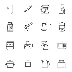 Kitchen appliances thin line icons set isolated on white. Refrigerator, mixer, blender pictograms.