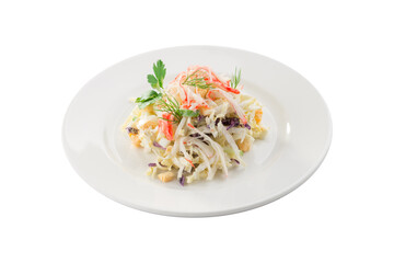 Seafood salad with crab and cabbage isolated on white background
