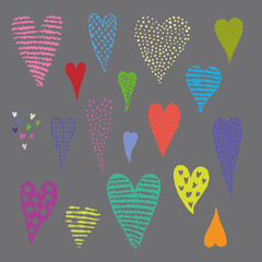 set of 18 multicolored hearts in grunge style, painted with paints