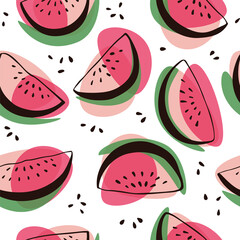 Watermelon seamless pattern on white. Fresh bright summer background. Vector