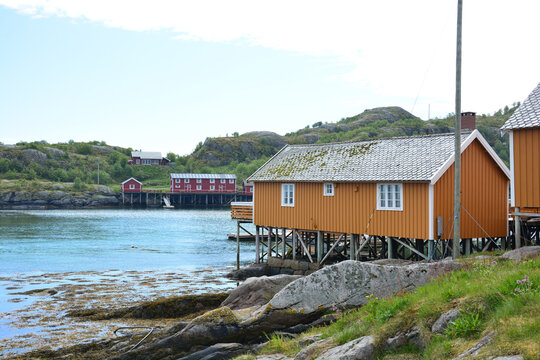 traditional fishing hut as a wooden house in a fjord in Sakrisoya Reine on the Lofoten Islands in Norway