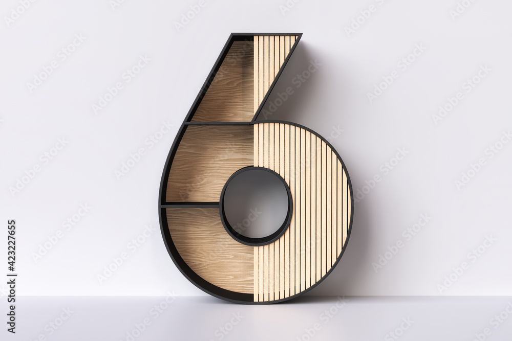 Poster 3d number 6 in the shape of a wood shelving. ideal for use as an exhibition stand for decorative obj