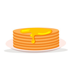Pancakes with honey. Healthy breakfast. Vector illustration in modern flat style. Icon isolated on white background.