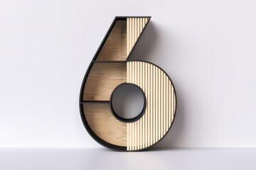 3D number 6 in the shape of a wood shelving. Ideal for use as an exhibition stand for decorative objects in japanese or scandinavian style. 3D rendering.