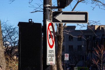 One way, no trucks traffic signs