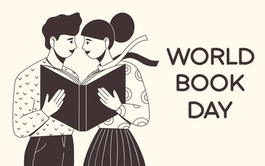 World Book Day. Young couple reading together. Book lovers, fans of literature. Flat vector illustration.