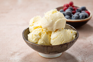 Close up of ice cream scoops in bowl