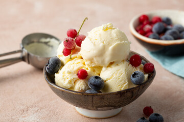Close up of ice cream scoops and berries in bowl