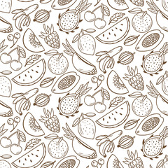 Seamless pattern with fresh fruits and berries. Healthy and beneficial product. Horticulture concept. Design for print, packaging, wallpaper, textil. Flat vector illustration.