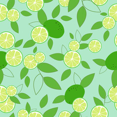Fototapeta na wymiar Lime. Fruits and slices of lime with leaves on a mint background. Seamless pattern.