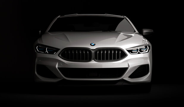Kazakhstan, Almaty - January 20, 2020: All-new BMW 8 Series Coupe on dark background. 3d render