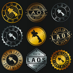 Laos Business Metal Stamps. Gold Made In Product Seal. National Logo Icon. Symbol Design Insignia Country.