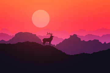 Deer on hills in morning Silhouette beautiful vector illustration.