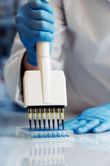 Scientist working with multichannel pipette and multi well plates. researcher technician with multi...