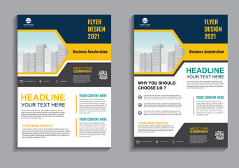Business flyer layout template in A4  size. Modern Brochure template cover design, annual report, poster with blue wavy lines for business promotion on white background, vector illustration
