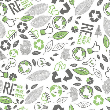 Earth Day Seamless Pattern design. Vector illustration composed from many ecology theme symbols.