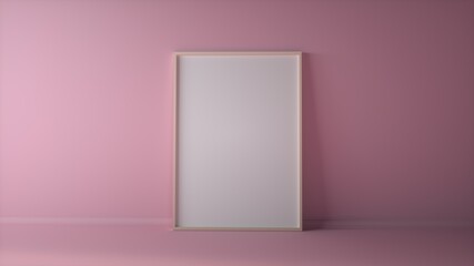 White wooden frame on pink background, free space for your text. 3d rendering
