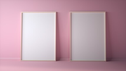Blank two photo frames on light pink wall mock up. 3d rendering
