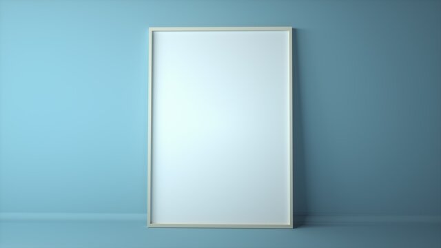 Blank photo frame or picture frame in room space background with blue wall. 3d illustration