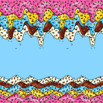 Cartoon glaze of donut. Splashes of colored glaze and colored sprinkles. Seamless pattern