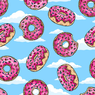 Cartoon donuts with pink glaze and colored sprinkles on blue sky background. Seamless pattern. Texture for fabric, wrapping, wallpaper. Decorative print.