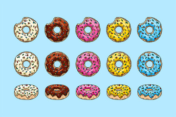 whole donut and half-eaten donut with pink, chocolate, yellow, blue and white glaze. vector illustration