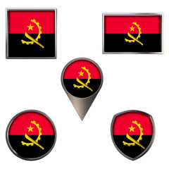 Various flags of the Republic of Angola. Realistic national flag in point circle square rectangle and shield metallic icon set. Patriotic 3d rendering symbols isolated on white background.