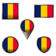 Various flags of the Republic of Chad. Realistic national flag in point circle square rectangle and shield metallic icon set. Patriotic 3d rendering symbols isolated on white background.