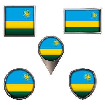 Various flags of the Republic of Rwanda. Realistic national flag in point circle square rectangle and shield metallic icon set. Patriotic 3d rendering symbols isolated on white background.