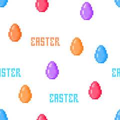 2d 8 bit pixel art Easter seamless pattern with painted orange, red, blue, violet  eggs on white background.