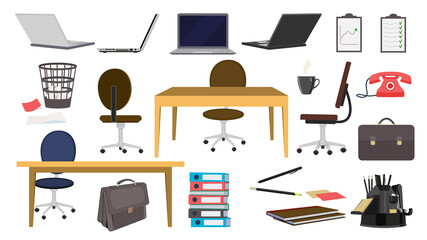 A set of office items. Office supplies and office items in vector. Table, chairs on different sides, paper folders, stationery, briefcase, laptops, trash can, paper, pencil, etc.
