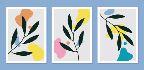 Leaf hand draw wall art set with abstract shape for print, cover, wallpaper minimalist