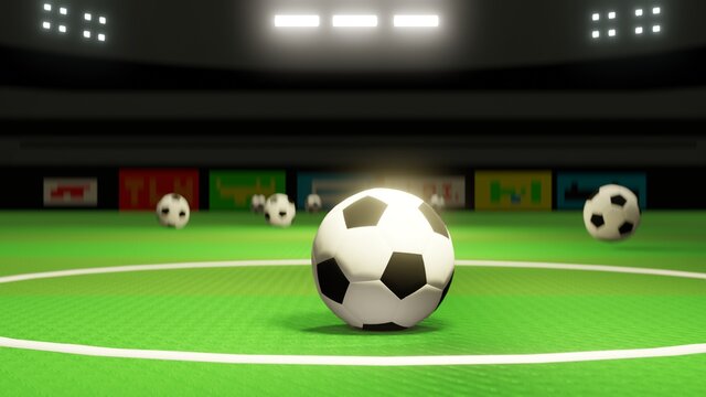 Closeup the soccer balls is spinning forward on the stadium floor. The stadium is built in 3D without the need for existing references., 3D Rendering