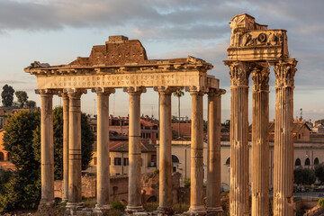 Rome. The Forum Romanum with the temple of Saturn at sunrise.