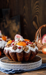 Easter cake with Easter eggs on rustic background. Christ is risen