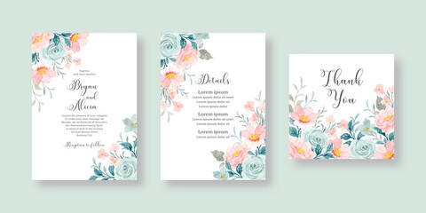 Fototapeta na wymiar Set of wedding invitation cards with pink and blue watercolor flowers