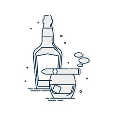 Bottle of whiskey glass with ice and a burning cigar. Set of alcoholic drink and a relaxing smoking object. Isolated flat illustration on white background. Line art design for restaurant and pub