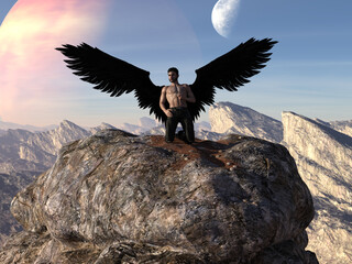 Illustration of a winged man kneeling atop a boulder while leaning backward on an alien world with a planet and moon in the background.