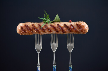 Close up of long grilled kebab on tree forks. Chevapi or chevapchici or kebapche. Copy space poster...