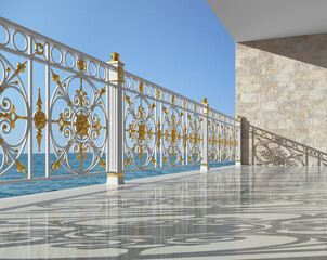 Wrought iron railing. Forging metal. Balcony. Terrace. 3D render for project. Architecture. Luxury hotel. Sea view. Iron fences. White handrails with gold decor. Summer vacations. Blacksmithing.	