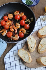 Garlic shrimp pincho for tapas dinner party at home. Homemade basque pintxo workshop. Spanish food