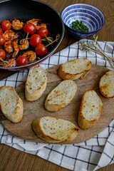 Garlic shrimp pincho for tapas dinner party at home. Homemade basque pintxo workshop. Spanish food