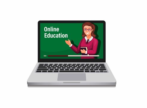 Online education, e-learning with woman teacher on laptop concept in cartoon illustration vector on white background