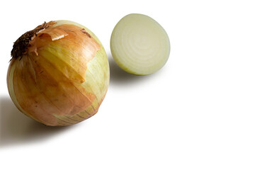 Whole and half onion on white surface - Selective focus