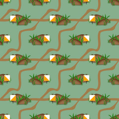 Orienteering sport illustration, seamless pattern with prism on hilly terrain with footpaths