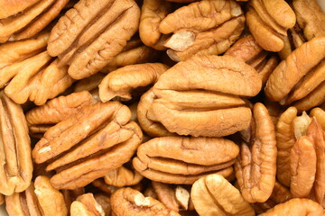 Several light brown organic shelled pecans , close-up, top view.