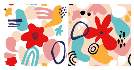 Abstract flower seamless pattern with geometric shapes, spots and tropic motifs. Repeat graphic print witn modern shapes and floral elements. Vector collage style illustration.