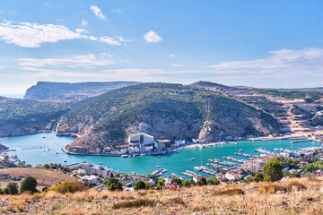 Fototapeta na wymiar Panorama of the Balaklava Bay, city Sevastopol, Crimean Peninsula, Russia.