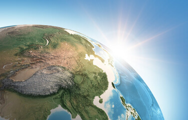 Sun shining over a high detailed view of Planet Earth, focused on East Asia, China, Himalayas and Tibet. 3D illustration - Elements of this image furnished by NASA