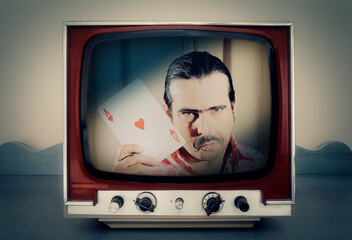 A funny scene on a retro tv: a creepy man showing a big poker card (an ace of hearts) and trying to...